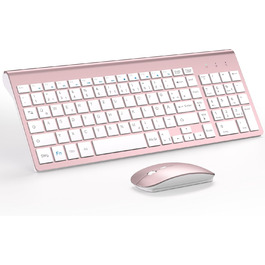 Комплект клавіатури та миші TopMate 2.4G Ultra Slim: тиха клавіатура з перемикачами Schissschalter та миша 2400DPI USB, з чохлом та батарейками AA/AAA, для ПК/ноутбука/Windows/Mac (Рожеве золото, Білий)