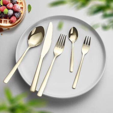 Champagne cutlery set, 30 pieces, shiny champagne-colored cutlery for 6 people, made of high-quality stainless steel, including knives, forks, and spoons, suitable for kitchens, hotels, and restaurants, dishwasher safe.