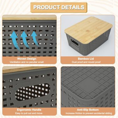 UHAPEER Storage Box with Bamboo Lid, 6 Pack Storage Basket, Plastic Basket Storage, Kitchen Organizer White, Stackable Storage Boxes, Box with Lid 25.6 x 18 x 10.7 cm (Gray)