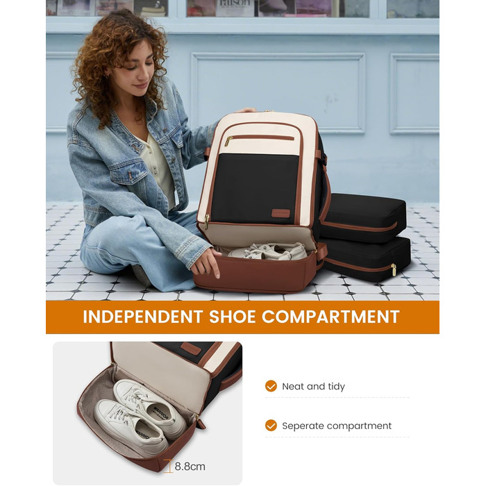 LOVEVOOK Рюкзак для ручної поклажі 40L з окремим відділенням для взуття, рюкзак-валіза для подорожей, жіночий, з відділенням для мокрого та сухого, 3 шт. (Бежевий, Зелений, Чорний, Білий, Коричневий)