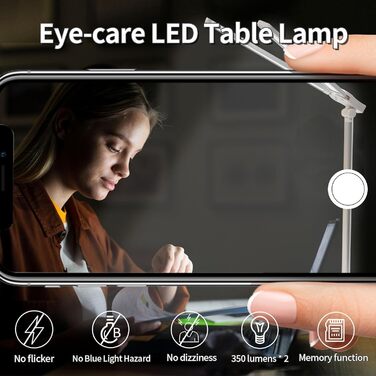 LED лампа настільна LQWELL® QM019 з диммуванням, USB-зарядкою, сенсорним керуванням та пам'яттю для дітей та офісу. 5 кольорів, 10 рівнів яскравості, металевий корпус, для захисту очей.