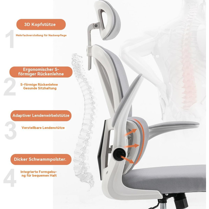 Ергономічне крісло для офісу - регульоване по висоті, з підйомною спинкою, сіткою та підтримкою попереку, відкидними підлокітниками. Підходить для дому, геймінгу та навчання (сірий, середній)