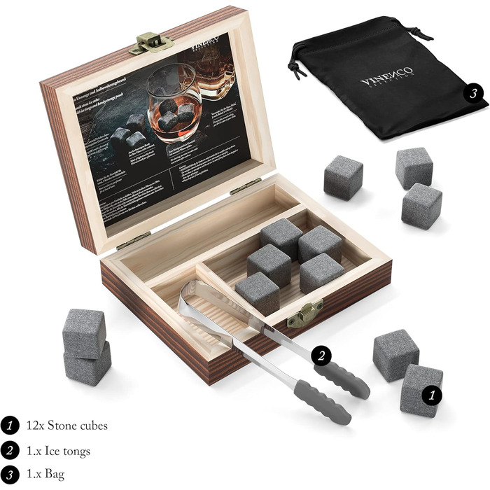 Набір кам'яних кубиків для віскі - 12 багаторазових кубиків з базальту, щипці + тканинний мішечок. Аксесуари для бару, коктейлів, віскі, джину. Декоративні кубики, подарунок. Базальтові кубики для віскі, 12 шт.