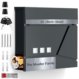 Поштовий ящик Anthrazit з нержавіючої сталі з відділенням для газет (37x37x10 см), персоналізований з табличкою для імені, стійкий до погодних умов, наклейки проти небажаної реклами, настінний поштовий ящик