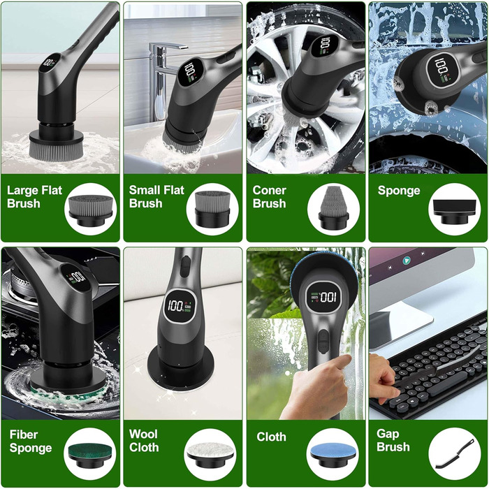 Електрична щітка для чищення з 7 насадок, IPX7, регульована ручка, для ванної кімнати, чорна