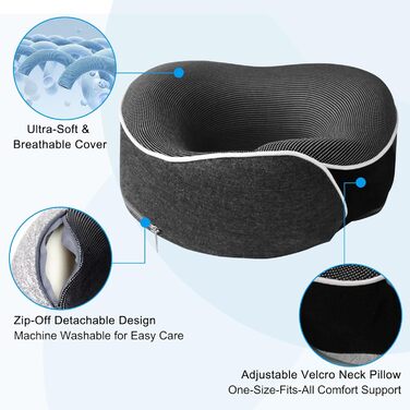 Подушка для шиї Milado для подорожей у літаку, з піною з пам'яті, комплект з масками для очей (темно-сірий)