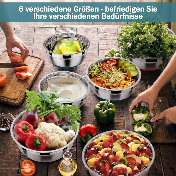 Mixing Bowl Set of 6, Homikit Stainless Steel Bowl Set, Salad Bowl with Airtight Lid & Non-Slip Silicone Bottom for Cooking/Baking/Serving, 4.6L/2.8L/2.5L/1.6L/1.2L/0.7L, Blue