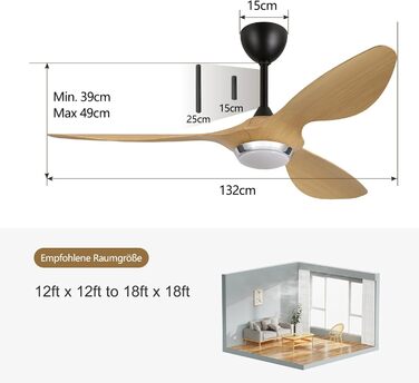 Стеляний вентилятор Reiga з підсвіткою та пультом керування, діаметр 132 см, тихий реверсивний мотор, 6 швидкостей, таймер, регульована яскравість та 3 колірні температури, коричневі лопаті