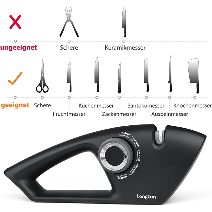 Точилка для ножів Longzon 5-в-1 з регулюванням, антиковзаючі рукавички, для сталі та зубчастих ножів