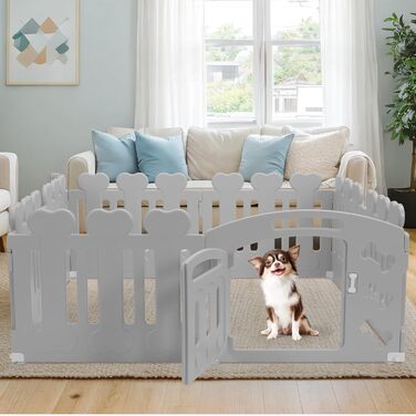 Забіг для цуценят MAMIZO 60 см, вольєр для собак з 7+1 пластикових панелей, сірий. Забіг для собак вдома та на вулиці, з тор, включаючи присоски та ґрунтові анкери.