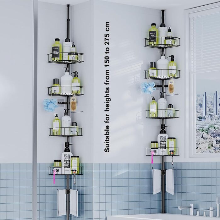 Bomclap Telescopic Shower Shelf with 4 Baskets and 1 Towel Holder, Shower Shelf No Drilling Required, Height Adjustable 149-276cm for Shower and Bathtub, Black