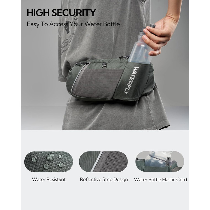 WATERFLY Поясна сумка на пояс для чоловіків та жінок з тримачем для пляшки: спортивна, стильна, для бігу, прогулянок, з собакою, подорожей, велосипеда (сіра)