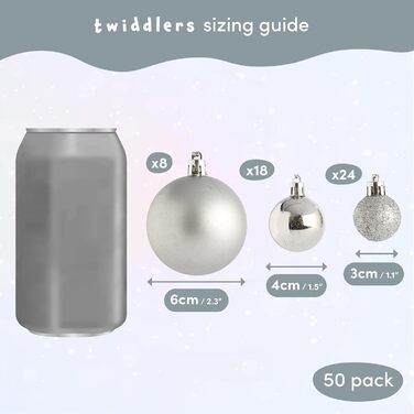 50 кульок для ялинки Twiddlers срібного кольору - різні розміри та покриття (6см, 4см, 3см) - матові, блискучі, з глітером. Декор для ялинки, 50 шт.