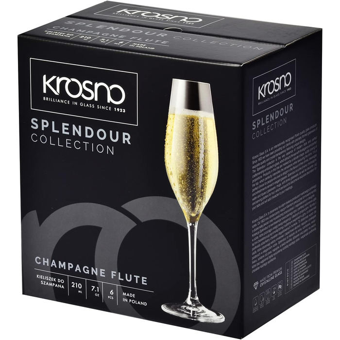 Набір келихів для шампанського Krosno Champagnergläser Set – 6 шт. | 210 мл | Колекція Splendour | Кристалічне скло, без свинцю | Елегантний дизайн з високою ніжкою | Для шампанського, просекко та урочистих подій