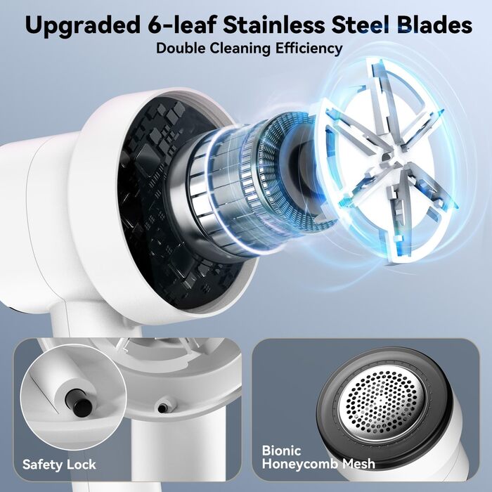 Електричний видалення ворсу з LED-дисплеєм - 6 лез з нержавіючої сталі, 3 швидкості, USB-зарядка. Підходить для одягу, пледів, диванів та постільної білизни (білий)