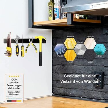 Improved 60cm Trhillsbrad Magnetic Knife Strip, 60cm Magnetic Knife Holder with 3 Hooks, Stainless Steel Knife Rail Self-Adhesive, Black Wall Mount Magnetic Strip No Drilling Knife Holder
