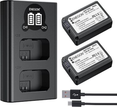 Акумулятор ENEGON NP-FW50 (2 шт. | 1300mAh) + LCD зарядний пристрій Dual USB для Sony ZV-E10, A6000, A7 та ін.