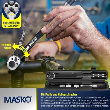 Набір динамометричних ключів MASKO 6 шт, 40-210 Нм, 1/2'' з насадками 17/19/21 мм, подовжувачем 125 мм, рукавицями, кейсом, для авто, чорний