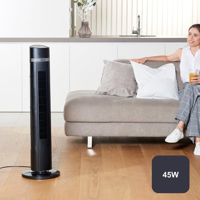 Вентилятор підлоговий BLACK+DECKER 45W, 102 см, пульт, 3 режими, таймер 15 год, чорний