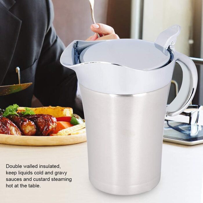 Thermo Sauce Pot made of 304 Stainless Steel, Double-Walled, Insulated Sauce Pot with Lid, Serving Jug, Bucket with Drip-Free Spout for Juice, Tomato Sauce, Kitchen Accessories (Large 750ml)