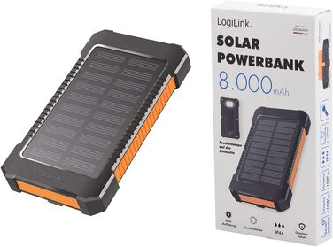 Портативний зарядний пристрій Solar Powerbank 8000 mAh з ліхтариком, чорно-помаранчевий, заряджає 2 пристрої (2x USB Type-A)