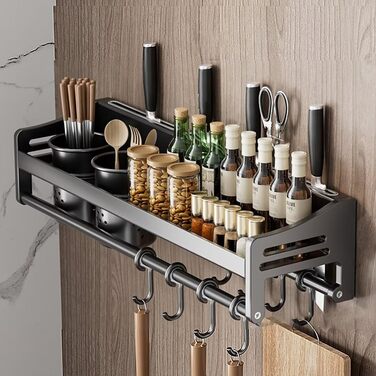 Настінна полиця для спецій, кухонна полиця без свердління, сіра, 50х13.4х12 см, з гачками та підставками для кухонного приладдя