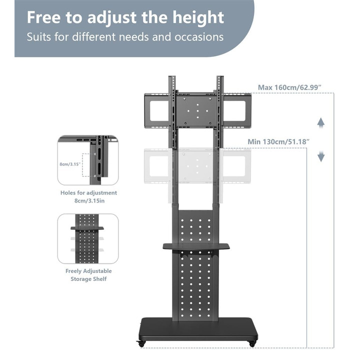 Підставка для телевізора Unho на коліщатках, поворотна 90°, регульована по висоті, з 2 полицями, для телевізорів 32-65