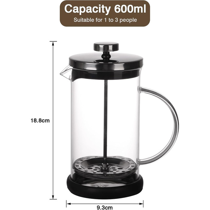 Френч-прес для кави та чаю, 600 мл, з фільтром, чорний, нержавіюча сталь