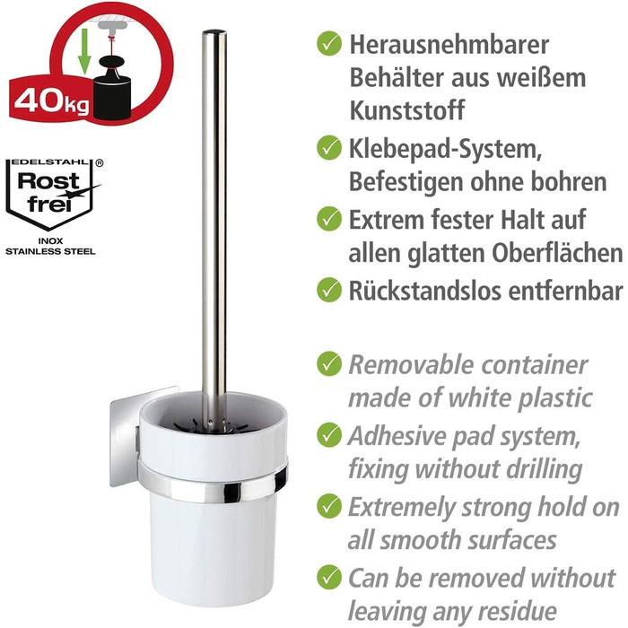 WENKO Turbo-Loc® WC-Garnitur Quadro - WC brush holder, 9.5 x 35.5 x 12 cm, Chrome & Turbo-Loc® toothbrush cup Quadro - toothbrush holder for toothbrush and toothpaste, 7 x 10 x 9.5 cm, Chrome