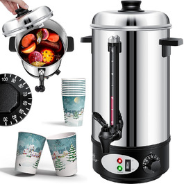 KESSER® Mulled Wine Boiler 8L Stainless Steel Incl. 10x Cups Mulled Wine Cooker with Thermostat Mulled Wine Dispenser Hot Beverage Dispenser Water Boiler Hot Water Dispenser Canning Machine Level Indicator Tap Black (20 Liter / Silver)