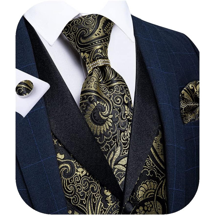 Костюмний жилет DiBanGu (5 шт.): жилет, краватка, нагрудна хустинка, запонки, кільце для краватки. Зелений/Чорний (L, Золото/Чорний)