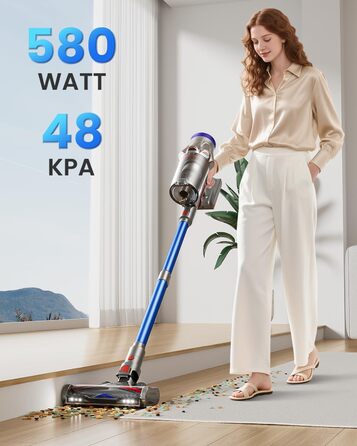 Бездротовий акумуляторний пилосос 48000Pa/580W/65Min, об'єм 1,8L з функцією від'єднання пилу, антизаплутана щітка, 8-ступенева фільтрація. Підходить для килимів, шерсті тварин та твердих поверхонь. Колір: блакитний