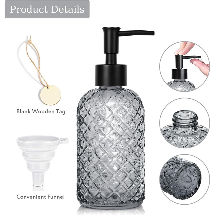 Скляний диспенсер для мила 500 мл з хвильовим дизайном для ванної кімнати та кухні, з чорним насосом, дерев'яними етикетками та воронкою (Charcoal, сірий)