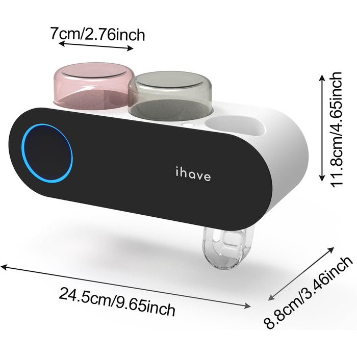 Тримач для зубних щіток iHave на стіну з УФ-дезінфекцією, для електричної зубної щітки, розумне аксесуар для ванної кімнати, 3 стаканчика, дозатор пасти (чорний, 2 стаканчика)