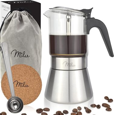 Milu Espresso Maker Induction Compatible | 4, 6 Cups | Stainless Steel Glass Moka Pot, Espresso Pot, Espresso Maker Set including coaster, spoon, brush (4 cups 200ml) Glass 4 cups (200ml)