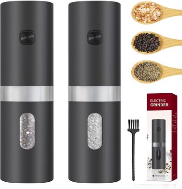 Електричні млини для солі та перцю 2 шт. Набір, батарейне живлення, LED-підсвічування, регулювання помелу, чорний (Стиль 2)