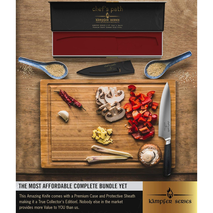 Кухонний ніж Chef's Path 20 см з німецької нержавіючої сталі — універсальний професійний ніж для м'яса, з ергономічною ручкою, чохлом і подарунковою коробкою, для різання та рубання