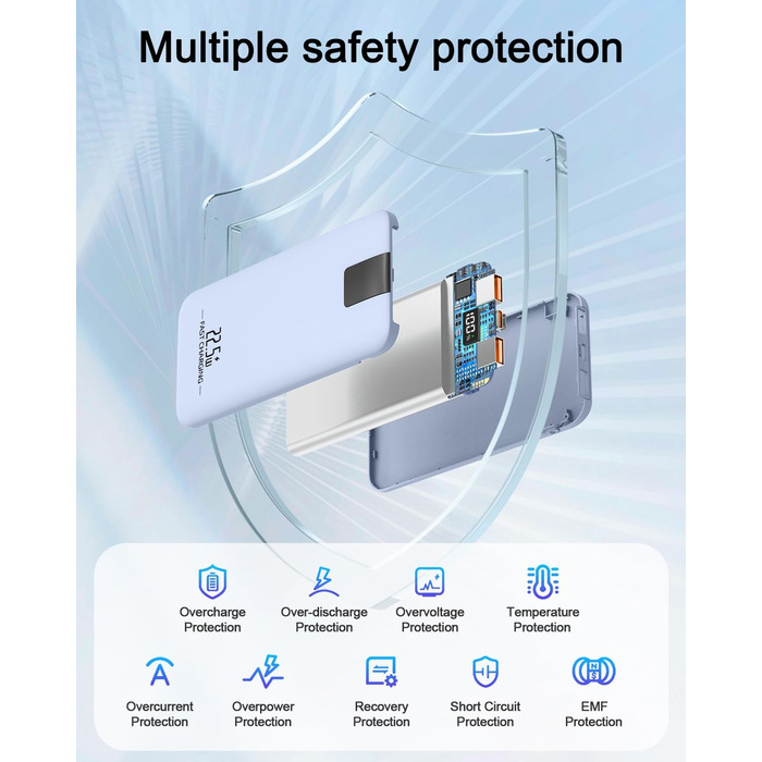 Powerbank 10000mAh 22.5W з LCD-дисплеєм: швидка зарядка, 3 виходи, 2 входи, USB-C, для смартфонів та планшетів (блакитний)