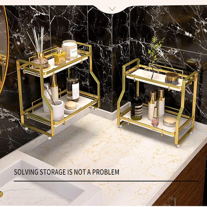 Wall-mounted bathroom shelf with 2 tiers, desk storage shelf for bedroom, kitchen, living room, bathroom, countertop, Nizer for enhanced Nizer and space-saving, gold