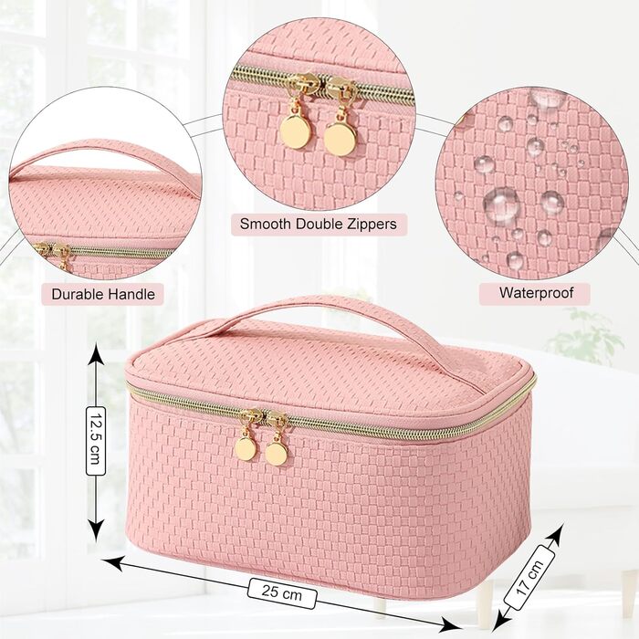 Жіноча косметичка для подорожей, водонепроникна, з відділенням для пензлів, з PU шкіри, велика, органайзер, сумка для макіяжу (Хвилястий зелений) (Світло-рожевий)
