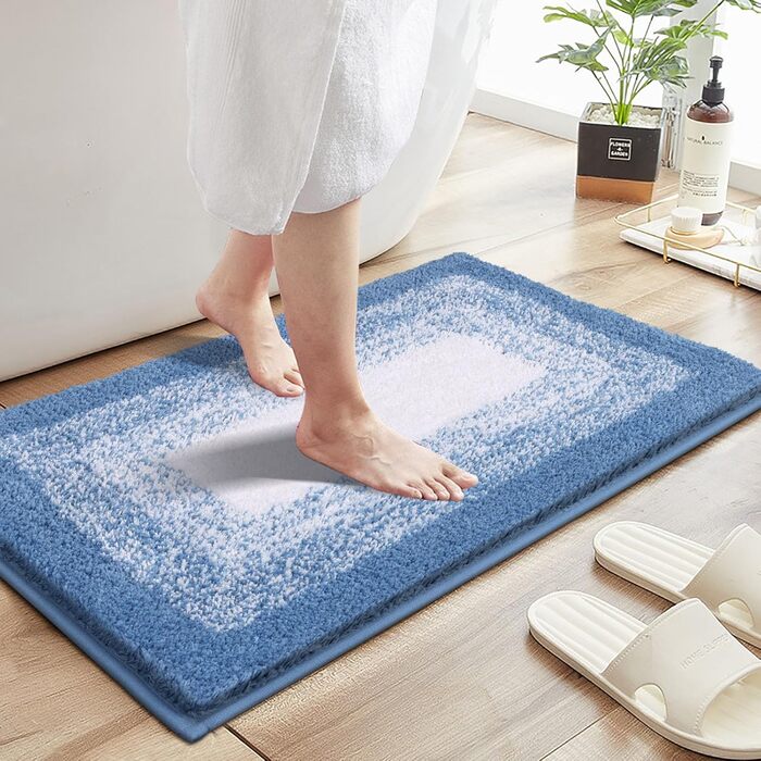 Super Soft Microfiber Bath Mat - Absorbent Non-Slip Bathroom Rug - Washable Shower Mat - 60x90cm Blue