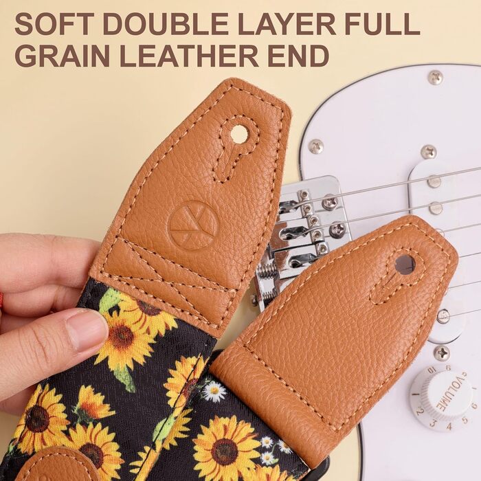 Гітарний ремінь 5,1 см з бавовняним друком, квітковий принт, з повним шкіряним кінцем, для бас-гітари, електро- та акустичної гітари, безкоштовна кнопка для ременя, фіксатори для ременя та медіатори. Жовті ромашки