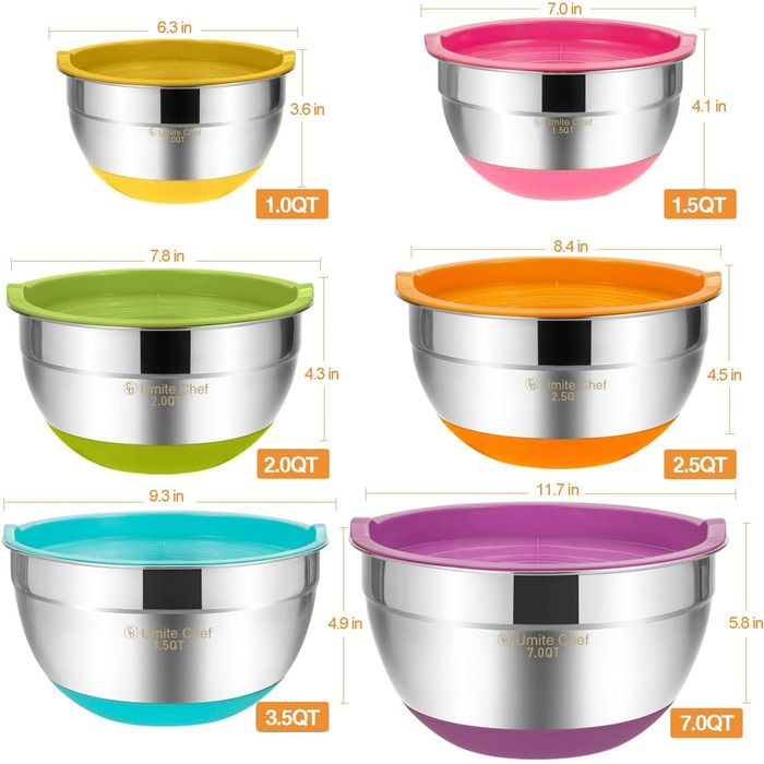 Umite Boss Mixing Bowls with Airtight Lids, 6-Piece Stainless Steel Metal Bowls by Chef, Measuring Markings and Colorful Non-Slip Bottoms, Sizes 7, 3.5, 2.5, 2.0, 1.5, 1 QT, ideal for mixing