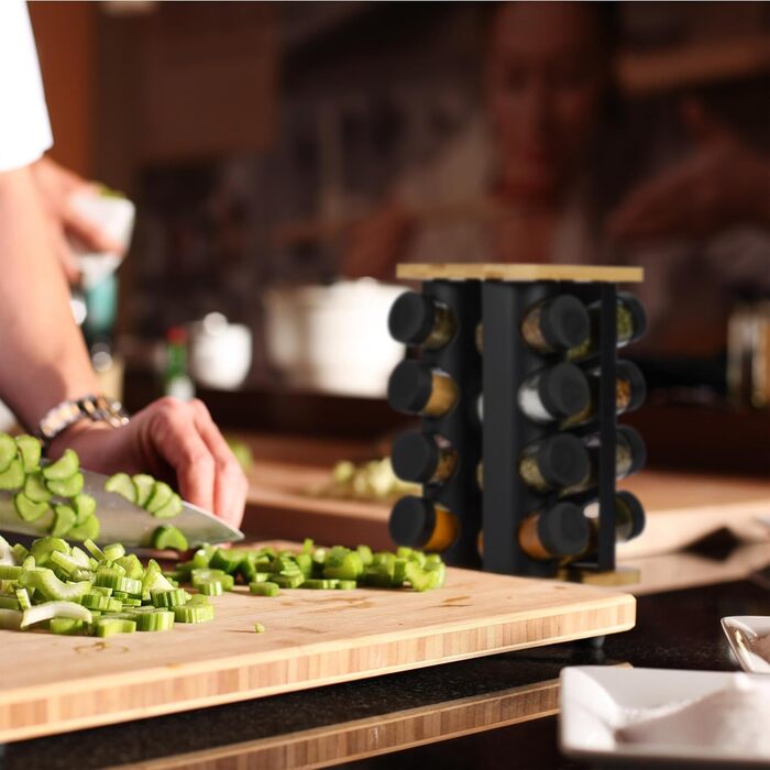 Карусель для спецій Relaxdays, 16 баночок, обертання 360°, нержавіюча сталь, бамбук, скло, чорний/натуральний