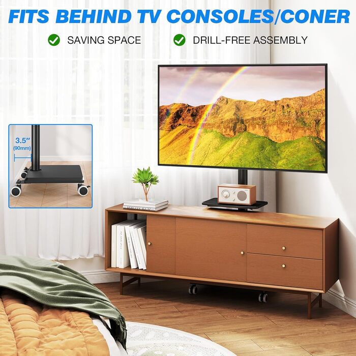 Мобільна тумба під телевізор з поличкою для ТВ 27-60 дюймів, чорна. Поворотна, регульована по висоті, до 40 кг, VESA 400x400