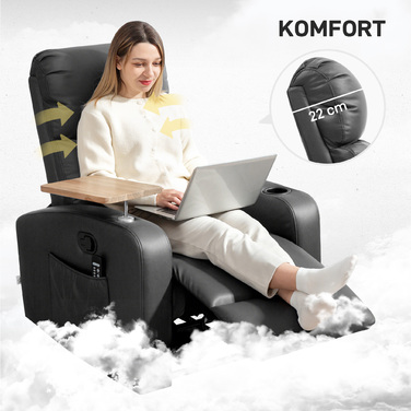 HOMCOM Recliner with Massage Function, TV Recliner with Lie-Flat Feature, Swivel Table, Massage Chair, Recliner with Remote Control, Spring, Side Pocket and Cup Holder, Microfiber, Black | Aosom