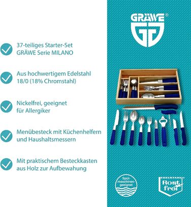 GRÄWE Starter Set for 6 People, 37-Piece, Stainless Steel Cutlery, 30-Piece Dinner Cutlery, including 3 Kitchen Knives, 3 Kitchen Utensils, Drawer Insert - Milano Series
