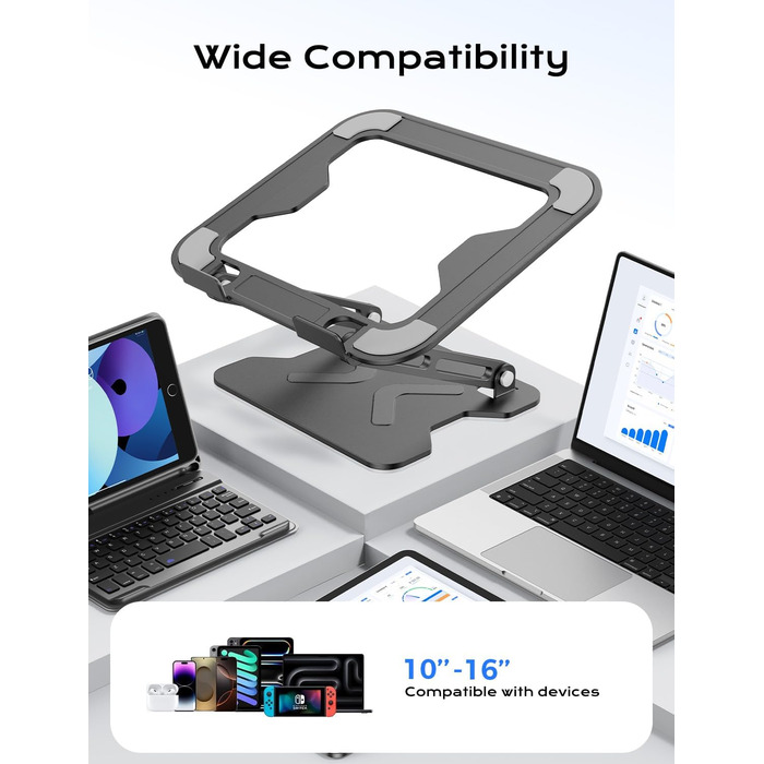 Adjustable Laptop Stand for Desk - Portable Aluminum Laptop Riser, Foldable, HP Compatible (10-16 inch), Space Black