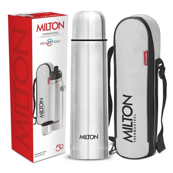 Термос Milton Thermosteel Flip Lid 1 л, вакуумна ізоляція з нержавіючої сталі, пляшка для напоїв (гаряче/холодне до 24 год), герметична, срібляста