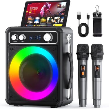Портативна караоке-машина Ankuka з 2 бездротовими мікрофонами, 15W Bluetooth, LED-підсвічуванням, TF/USB, FM, AUX, TWS, для вечірок та свят
